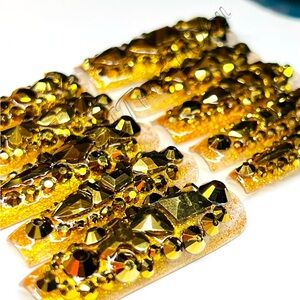 Glamorous Gold Rhinestone Nail Set Long Square Press on Nails